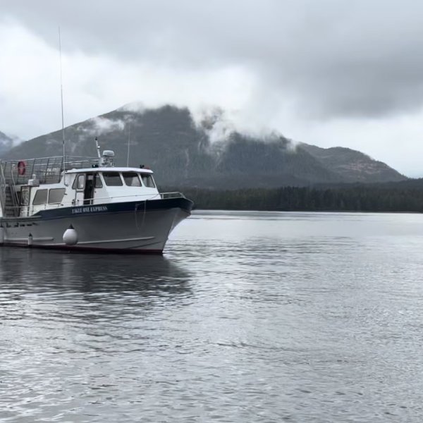 Boat floating on calm water with misty mountains in the background under cloudy skies.