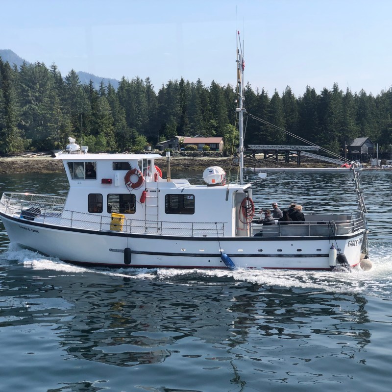 White boat cruising on a lake with forested shoreline in the background.